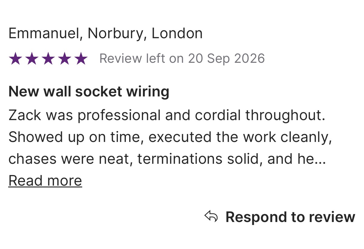 Five-star customer review for new wall socket wiring in Norbury London