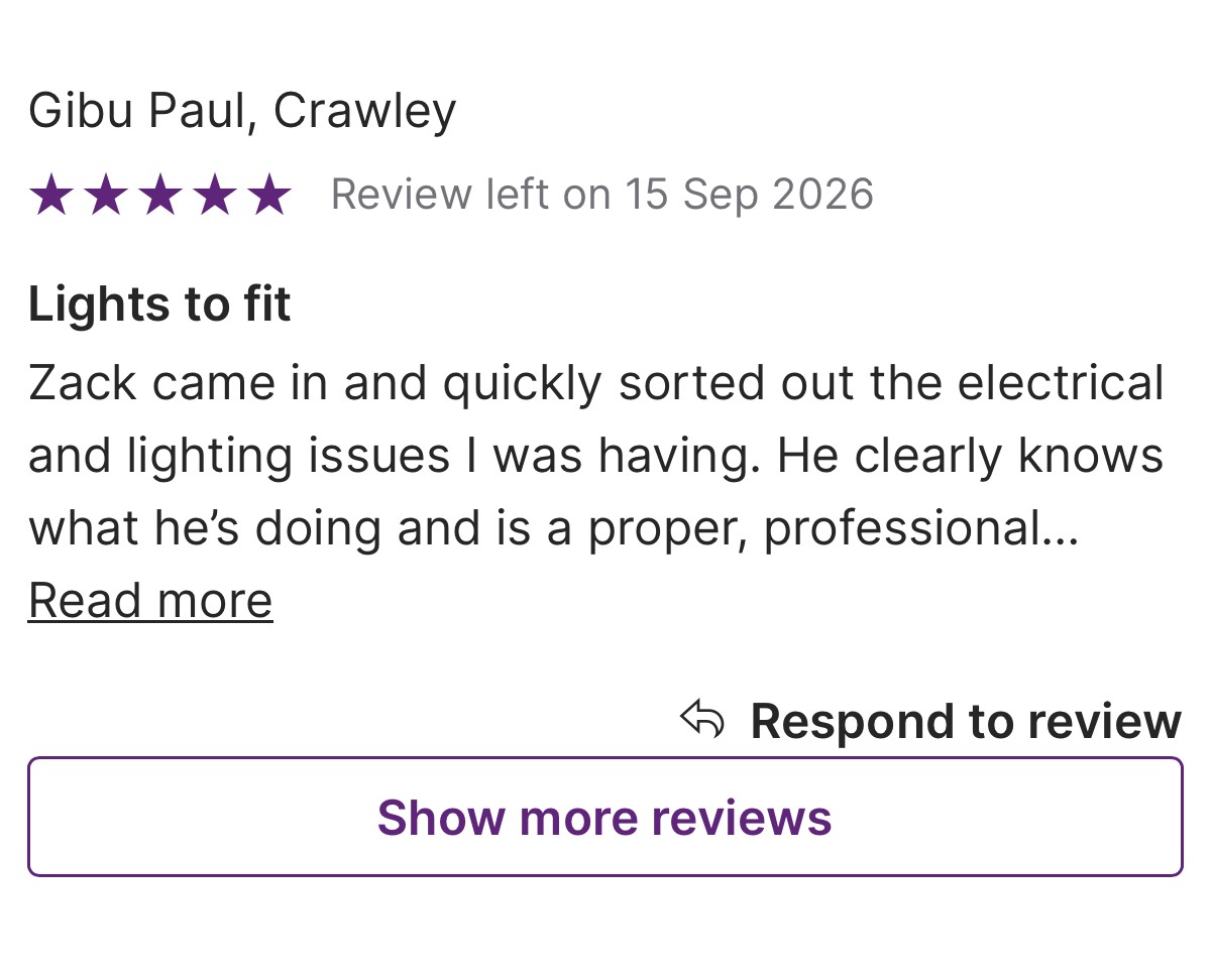 Five-star customer review for lighting work in Crawley