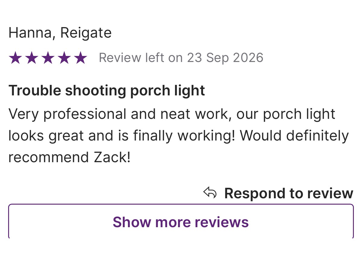 Five-star customer review for porch light troubleshooting in Reigate
