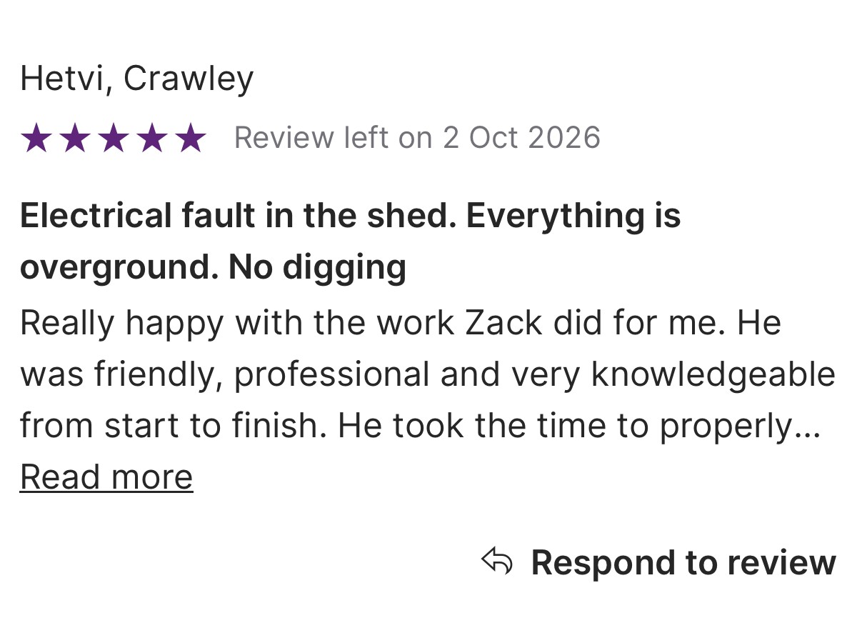 Five-star customer review for an electrical fault in a shed in Crawley