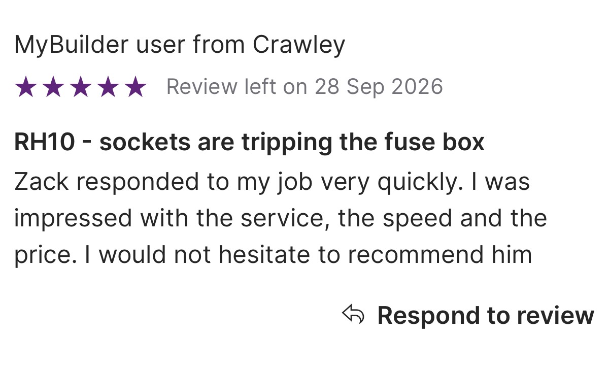 Five-star customer review for sockets tripping in Crawley