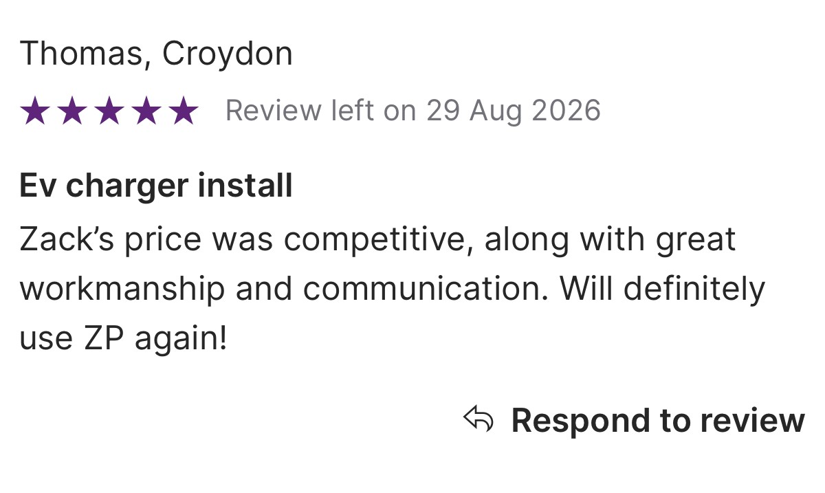 Five-star customer review for an EV charger installation in Croydon
