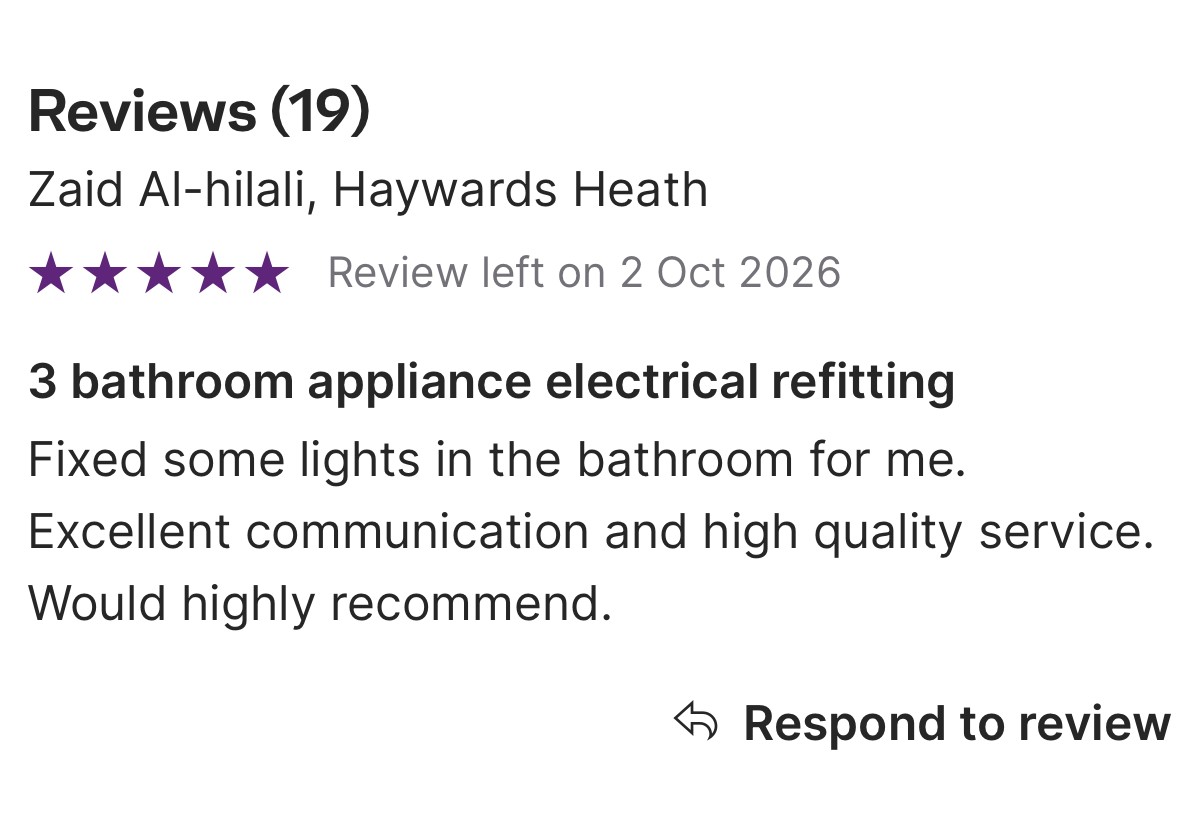 Five-star customer review for bathroom electrical refitting in Haywards Heath